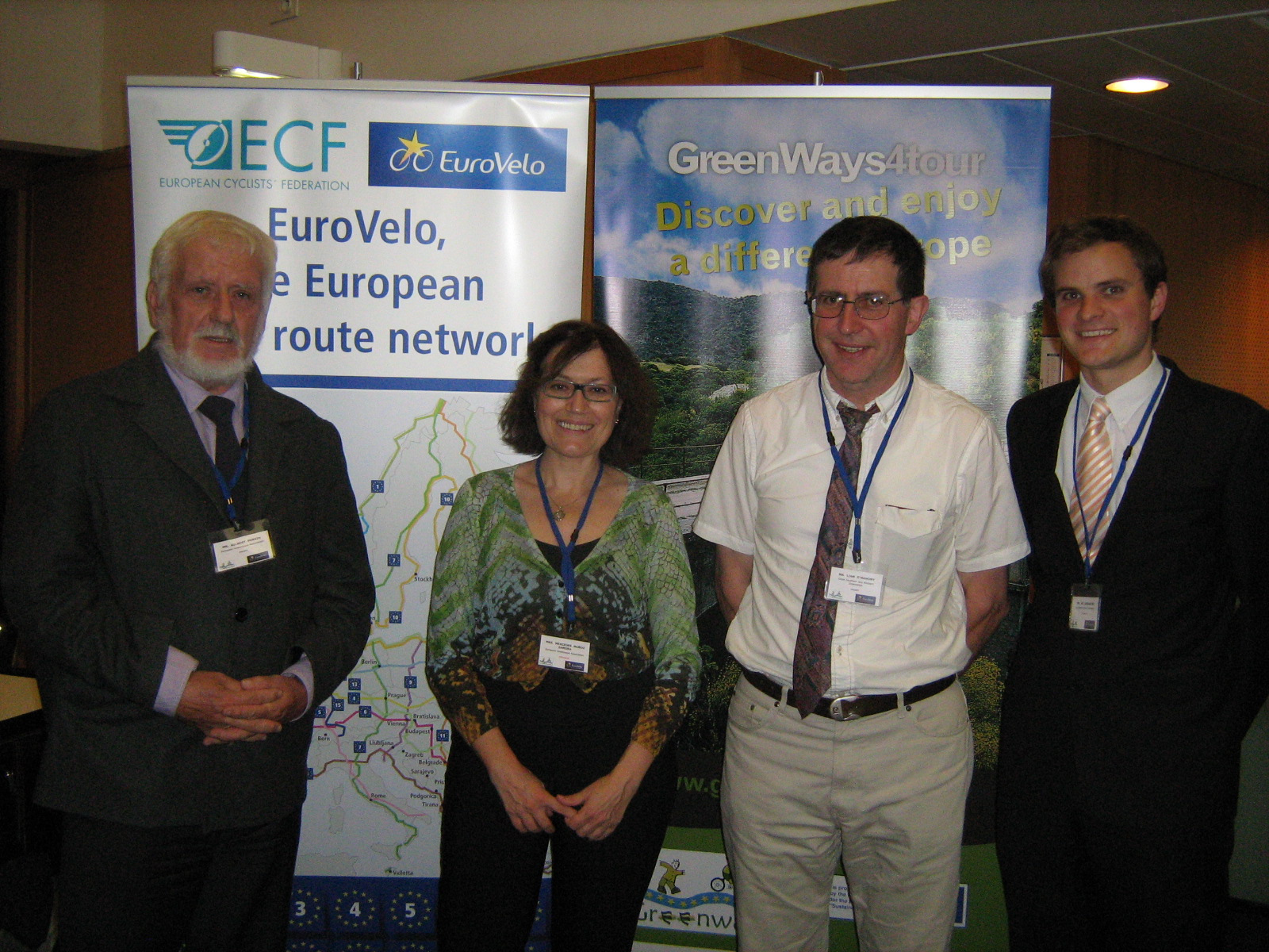 PHOTO CAPTION: At the Joint Conference of the European Cycling Federation( ECF) and the European Greenways Association(EGWA) held in the city of Nantes, France on Wednesday Sept. 26th 2012 were L.to R. M.Gilbert Perrin (Belgium), President, EGWA; Ms.Mercedes Munoz (Spain), Director, EGWA; Mr.Liam O'Mahony (Ireland), Cathaoirleach, Great Southern Trail and Mr. Ed. Lancaster (England), Regional Policy & Cycling Tourism Officer, ECF